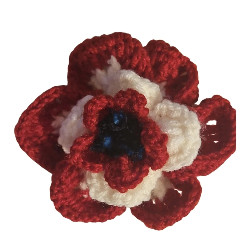 Handcrafted Red and White Floral Hair Clip Crochet Knit Patriotic Hair Accesory